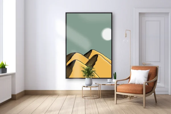 Golden Mountains Under a Full Moon - Minimalist Landscape Printable Wall Art